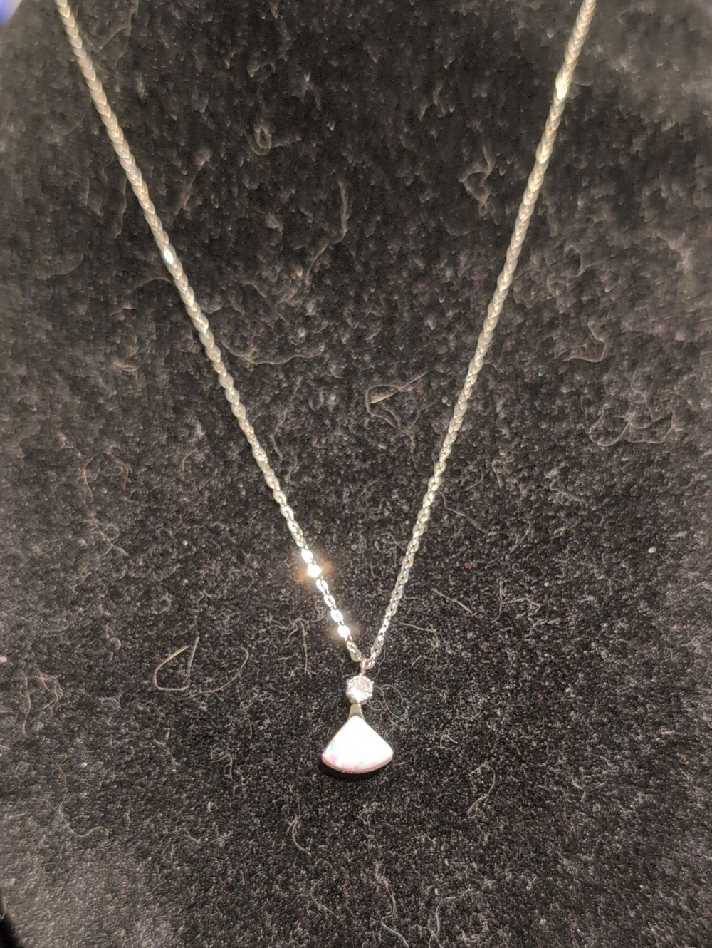 Silver Fan Pendant Necklace with Opal Accent - Women Jewelry